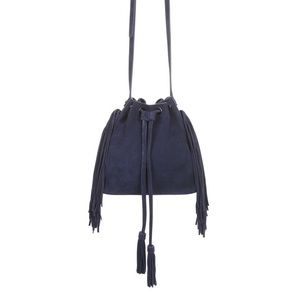 BCBGMAXAZRIA Faye Suede Fringe Bucket Bag - Navy